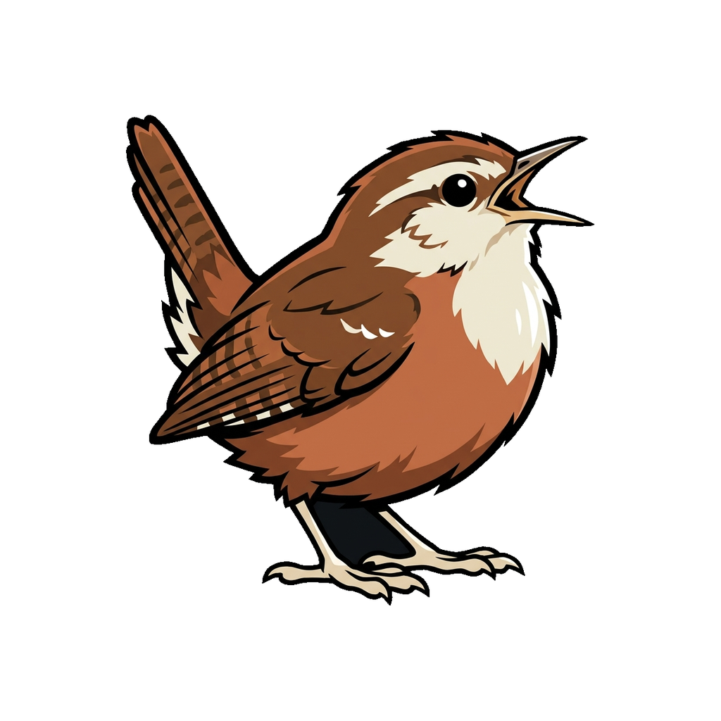 A wren, beak open, singing.